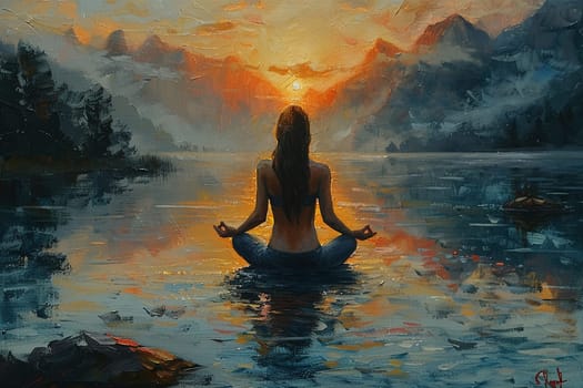 Serene painting of woman practicing yoga by lake at dawn, celebrating Women's Day.
