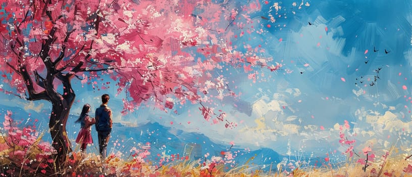 Soft pastel drawing of couple exchanging marshmallows under cherry blossom tree for White Day