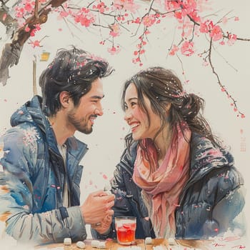 Soft pastel drawing of couple exchanging marshmallows under cherry blossom tree for White Day