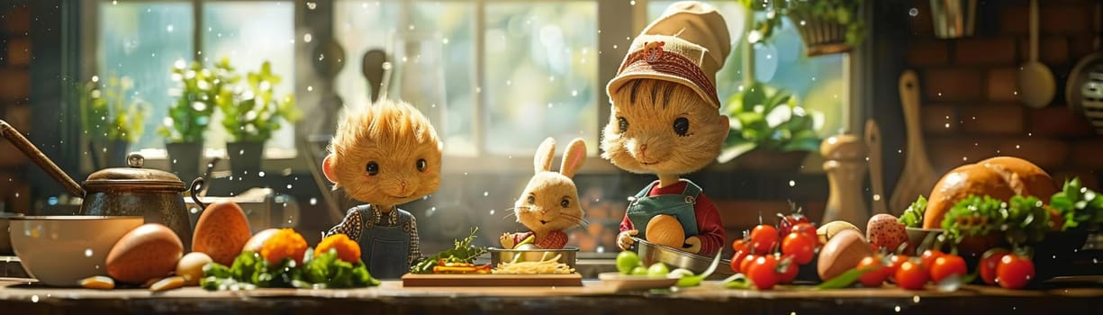 Stop-motion scene of family preparing feast for cozy Easter celebration