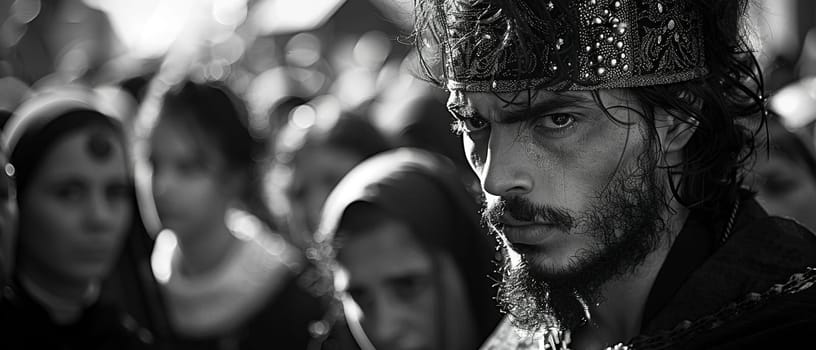 Street photographer's black-and-white capture of solemn Good Friday procession in old city.