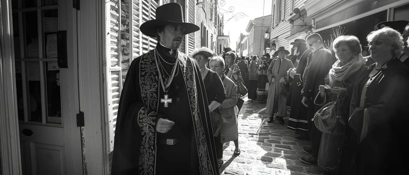 Street photographer's black-and-white capture of solemn Good Friday procession in old city.