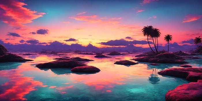 Sunset paints the sky in hues of pink and blue over a tranquil sea, palm trees lining the shore on Paradise fantasy planet.
