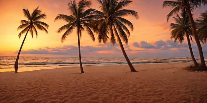A sunset paints the sky in hues of orange pink over a tranquil beach with a palm tree swaying gently. Waves kiss the shore. Generative AI.