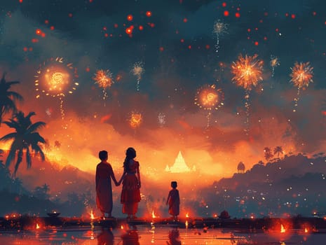 Vibrant digital art piece of families enjoying Gudi Padwa festivities, with fireworks and traditional decorations.