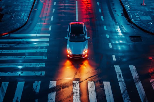 A car with headlights on, moving down a city street illuminated by streetlights at night.