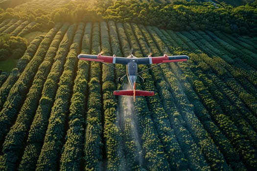 A bright yellow airplane soars above a vibrant green field on a sunny day, showcasing the beauty of flight against a backdrop of nature.