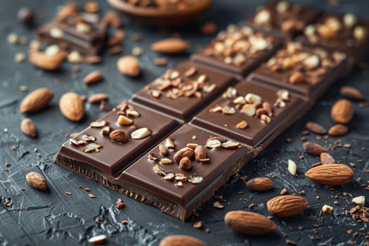 A detailed view of a delicious chocolate bar filled with crunchy almonds, highlighting its rich texture and nutty flavor.
