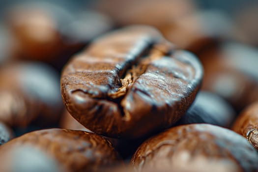 A heap of freshly roasted coffee beans, rich in color and aroma, sits prominently in a close-up view.
