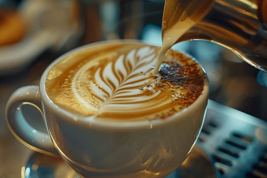 Hand is shown pouring a cappuccino into a cup of coffee creating a layered effect with creamy foam on top of rich espresso.