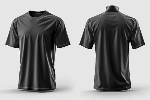 A black t-shirt mock-up is displayed on a white background, showcasing its design potential and fit.