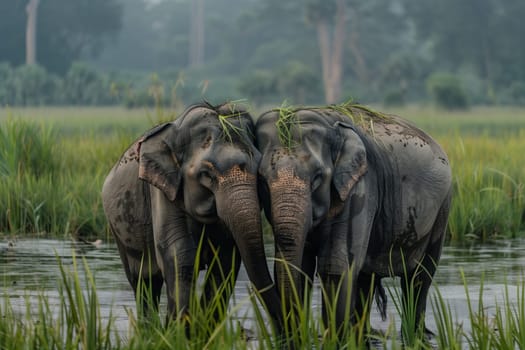 Two elephants hugging trunks in a national park.