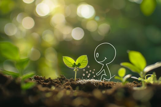 A stick figure standing amidst plants in a field.