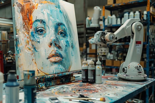 A robotic arm skillfully applies colorful strokes to create a captivating modern portrait on canvas in a workshop setting, surrounded by paint supplies.