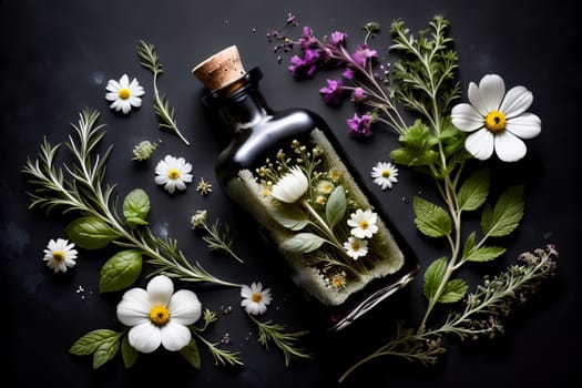tincture of herbs and flowers in a bottle isolated on a black background
