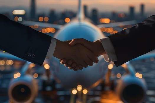 Close up business professional handshake with new partnership. Logistic concept. Generative AI.