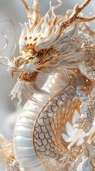 A macro photography closeup of a white and gold scaled reptile resembling a dragon, on a white background. The intricate pattern looks like a fashion accessory made of natural materials