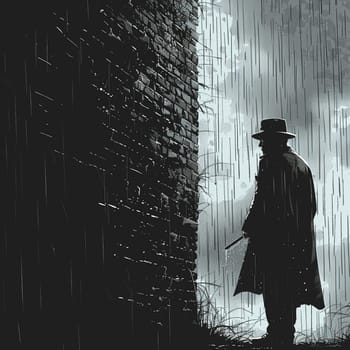 Classic noir style illustration of detective solving mystery on rainy World Water Day.