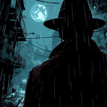 Classic noir style illustration of detective solving mystery on rainy World Water Day.
