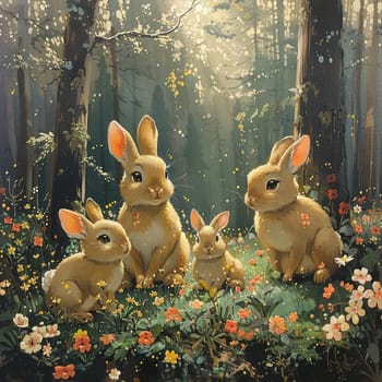 Playful animation cel of rabbits hiding Easter eggs in blooming spring forest.