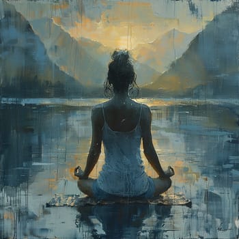 Serene painting of woman practicing yoga by lake at dawn, celebrating Women's Day.
