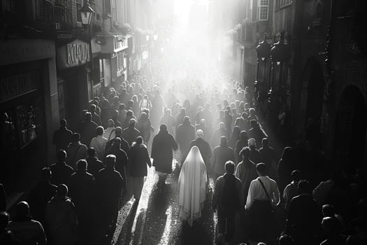 Street photographer's black-and-white capture of solemn Good Friday procession in old city.