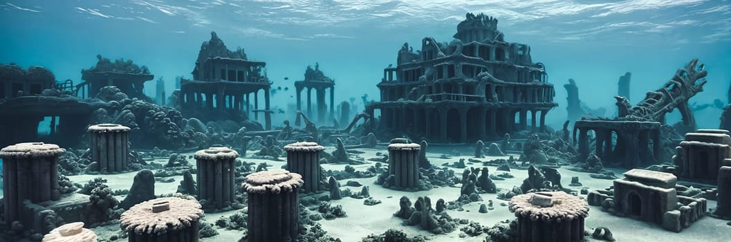 Discover the mystical depths of an Underwater Ruins. Submerged buildings, coral-covered columns, schools of exotic fish glide through the streets. Dive into the enchanting remnants of a lost city. Generative AI.