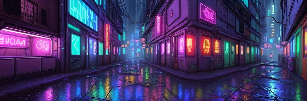 In a cyberpunk alley, neon signs cast a gritty glow on holographic graffiti, rain-soaked pavement glistens under ominous skies.