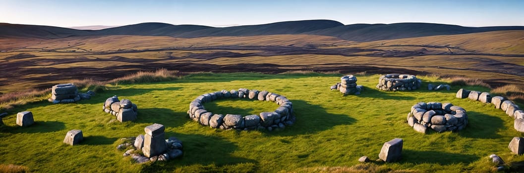 A mysterious and ancient stone circle nestled in a remote moorland, with the setting sun casting long shadows over the weathered monoliths