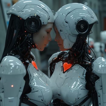 Sci-fi interpretation of White Day celebration with androids exchanging heart-shaped metallic tokens