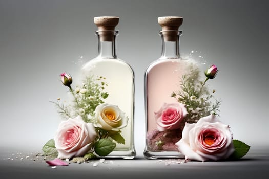 tincture of herbs and flowers in a bottle isolated on a grey background