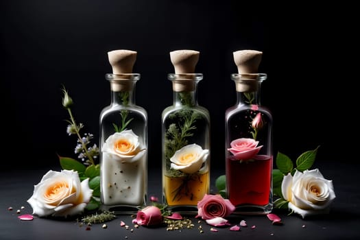 tincture of herbs and flowers in a bottle isolated on a black background