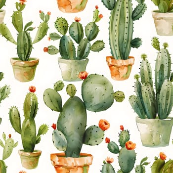 A creative arts photograph capturing a seamless pattern of green cacti in flowerpots on a white background. These terrestrial plants make lovely houseplants and also produce natural foods like fruit