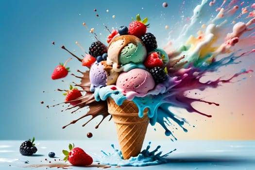 cold fruit sweet ice cream on a blue background. AI generated image.