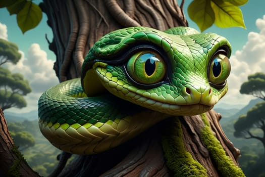 a green forest snake crawls along an old tree in the forest. AI generated image.