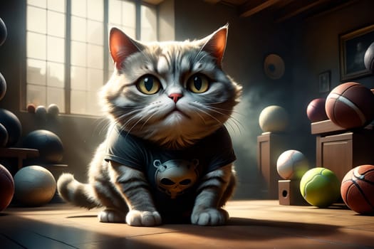 A fat cat in a T-shirt is doing sports in the gym .AI generated image.