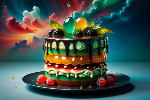 fruit cake with syrup, cream and fruits on a green background. AI generated image.