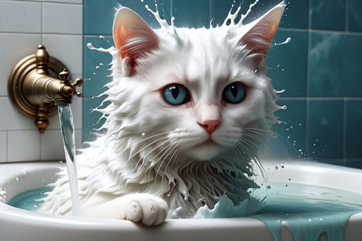 dirty cat washes itself in the bathroom. AI generated image.