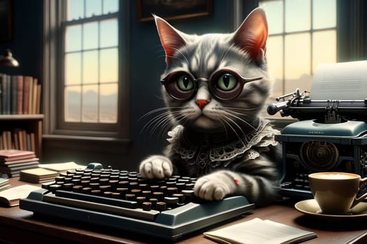 The cat secretary sits in the office at the typewriter. AI generated image.