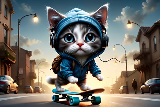 teenage cat wearing headphones rides a skateboard on the street . AI generated image.