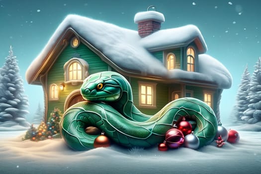 Forest green snake, Christmas tree with balls, house. New Year card . AI generated image.