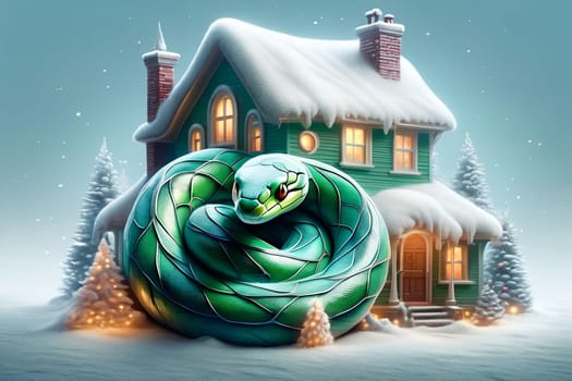 Forest green snake, Christmas tree with balls, house. New Year card . AI generated image.
