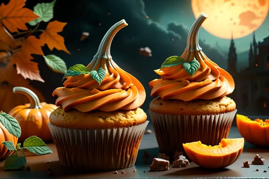 pumpkin cream cupcake decorated for Halloween. AI generated image.