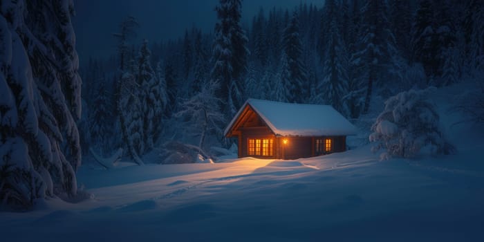 A lone log cabin radiates warmth with its glowing windows against the twilight of a tranquil, snow-covered forest landscape. Resplendent.