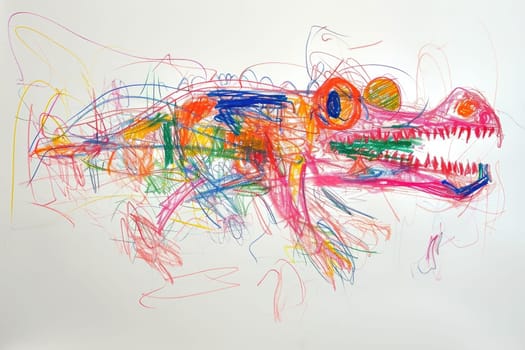 The hand drawing colourful picture of the single alligator or the crocodile that has been drawn by the colored pencil or the crayon on the white background that seem to be drawn by the child. AIGX01.