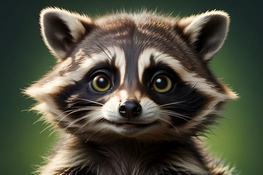 cute raccoon on green background. AI generated image.