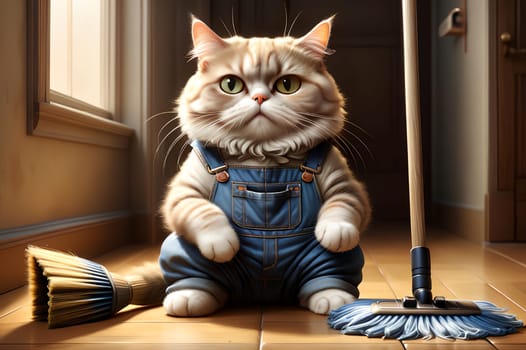 fat cat with a broom isolated on a brown background AI generated image.