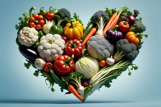 many different vegetables in the shape of a heart. AI generated image.
