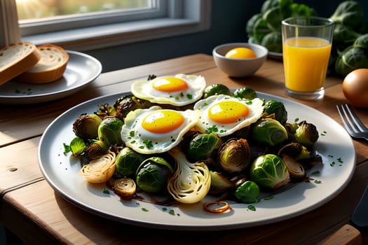 pieces of roasted Brussels sprouts with fried eggs, with fried onions