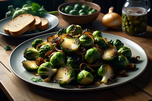 pieces of roasted Brussels sprouts, with fried onion rings
